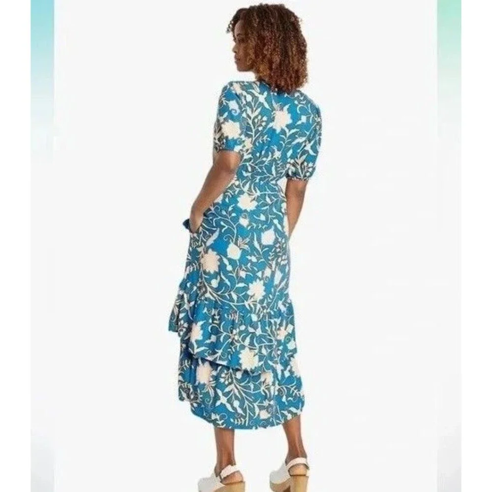 Knox Rose Small Wrap Midi Dress Blue White Ruffled Tiered Floral Short Sleeve